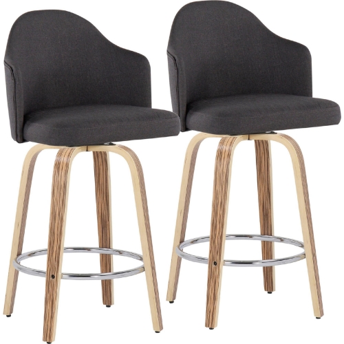 Ahoy 26" Counter Stool in Charcoal Grey Fabric, Zebra Wood & Chrome Metal (Set of 2)